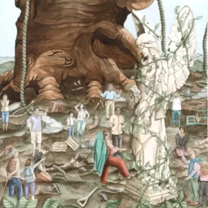 Reconstructing the Statue by Homana Nikooei Watercolor on paper. an illustrated story book about The hero who saved a city Bedtime stories