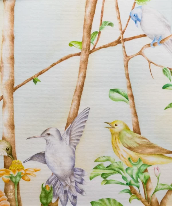 Battel by Homana Nikooei Watercolor on paper. an illustrated bedtime story about the trial of a selfish bird storybook