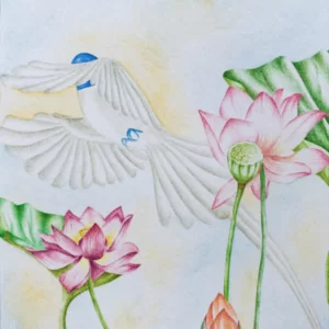 Lotus Pond by Homana Nikooei Watercolor on paper. an illustrated bedtime story about the trial of a selfish bird storybook
