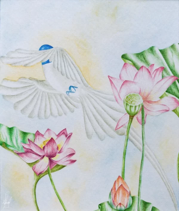 Lotus Pond by Homana Nikooei Watercolor on paper. an illustrated bedtime story about the trial of a selfish bird storybook